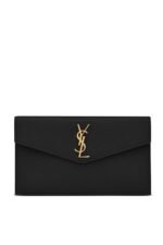 Front view of Saint Laurent Uptown Pouch in black grained leather with gold YSL logo