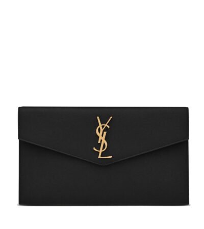 Front view of Saint Laurent Uptown Pouch in black grained leather with gold YSL logo