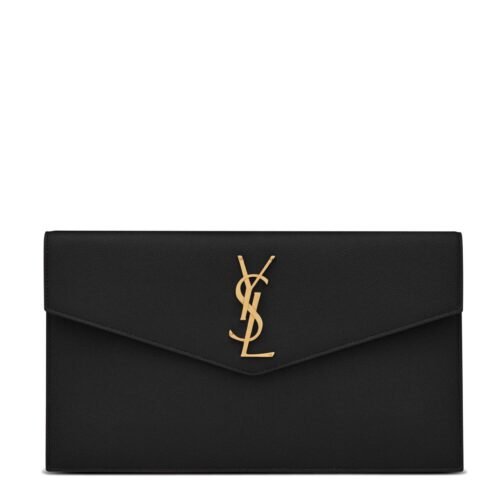 Front view of Saint Laurent Uptown Pouch in black grained leather with gold YSL logo