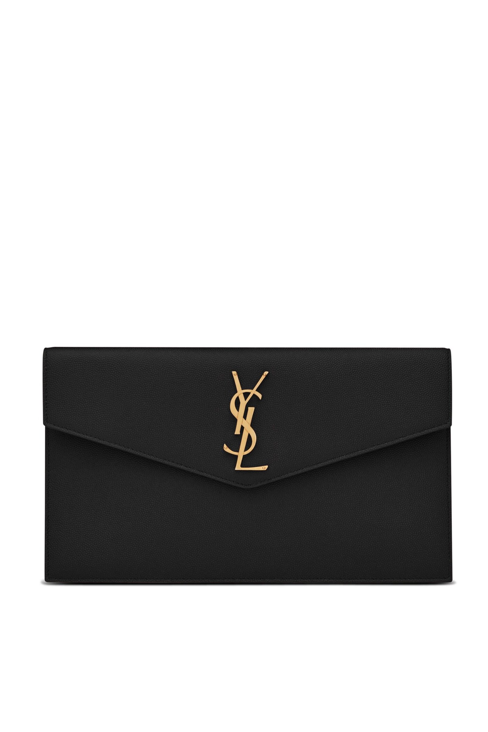 YSL-Uptown-Pouch-Black-Grain-de-Poudre Front view of Saint Laurent Uptown Pouch in black grained leather with gold YSL logo