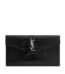 Front view of YSL Uptown Pouch in black crocodile-embossed leather with silver YSL initials