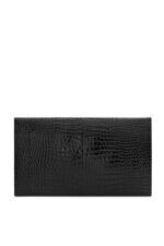 Front view of YSL Uptown Pouch in black crocodile-embossed leather with silver YSL initials