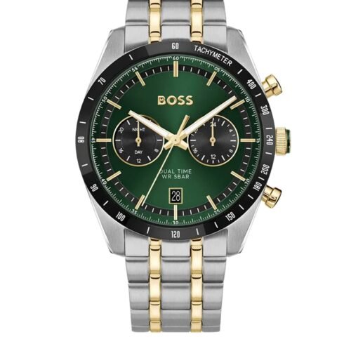 Front view of BOSS Tourmaster Two-Tone Bracelet Watch in stainless steel