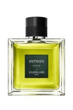 The elegant glass bottle of Guerlain Vétiver Parfum showing the rich golden fragrance liquid.