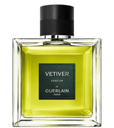 The elegant glass bottle of Guerlain Vétiver Parfum showing the rich golden fragrance liquid.