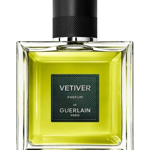 The elegant glass bottle of Guerlain Vétiver Parfum showing the rich golden fragrance liquid.
