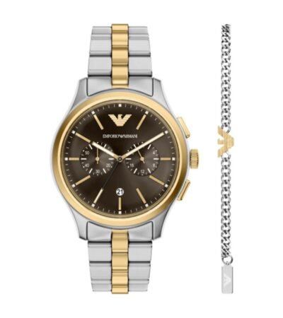 Emporio Armani men's two-tone chronograph watch and gold-tone logo bracelet set.