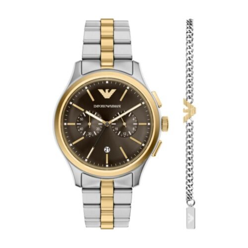 Emporio Armani men's two-tone chronograph watch and gold-tone logo bracelet set.