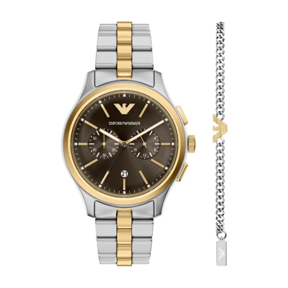 emporio-armani-two-tone-chronograph-brown-dial-set Emporio Armani men's two-tone chronograph watch and gold-tone logo bracelet set.