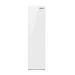 Freestanding smart clothing care wardrobe with digital touch interface.