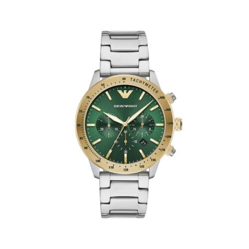 Emporio Armani Mario silver stainless steel men's chronograph watch.