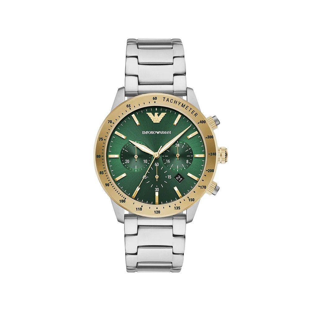 emporio-armani-mario-silver-chronograph-watch-front Emporio Armani Mario silver stainless steel men's chronograph watch.