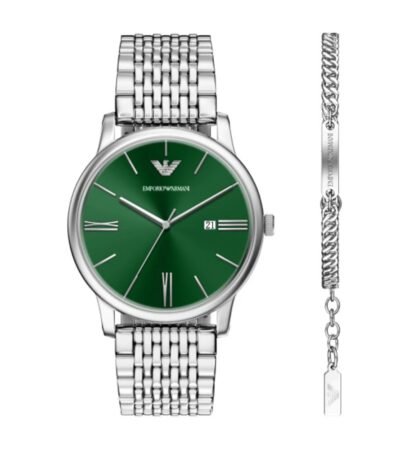Emporio Armani men's watch and bracelet gift set featuring a green sunray dial.