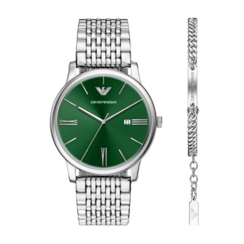 Emporio Armani men's watch and bracelet gift set featuring a green sunray dial.