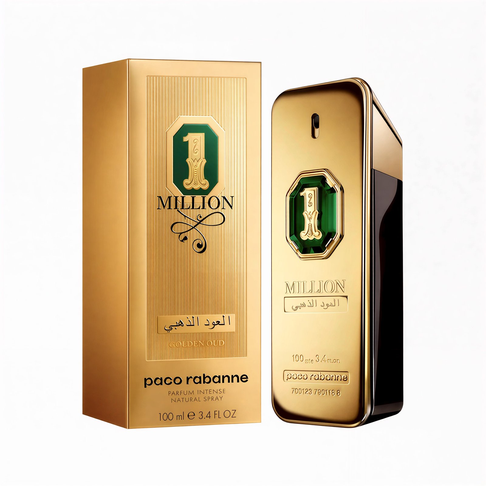 paco-rabanne-1-million-golden-oud-100ml-bottle. Paco Rabanne 1 Million Golden Oud 100 ml Eau de Parfum gold bottle.