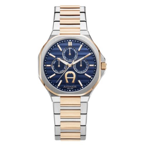 Aigner Fermo men's watch in silver and rose gold two-tone with a blue dial.