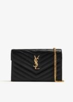 Front view of Saint Laurent Monogram Chain Wallet in black leather with a gold YSL logo.