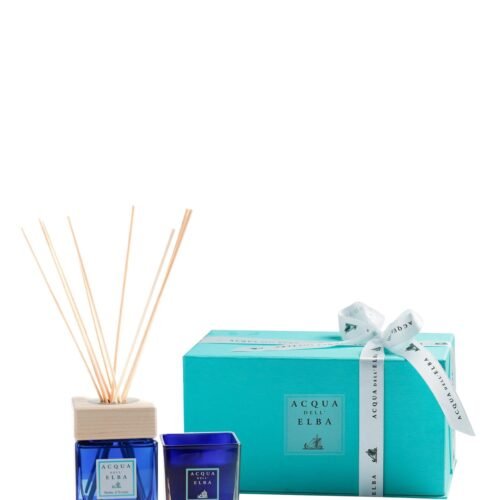 Acqua dell’Elba Notte d’Estate home diffuser and candle in deep blue glass bottles.