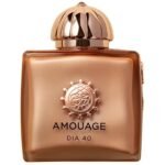 Elegant glass bottle of Amouage Dia Woman Eau de Parfum with a rose-gold cap.