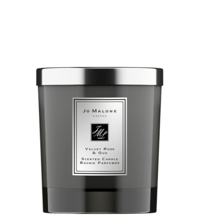 Jo Malone London Velvet Rose and Oud 200g home candle in clear glass.