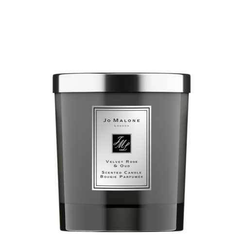 Jo Malone London Velvet Rose and Oud 200g home candle in clear glass.
