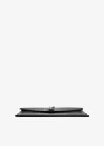 Front view of YSL Uptown Pouch in black crocodile-embossed leather with silver YSL initials