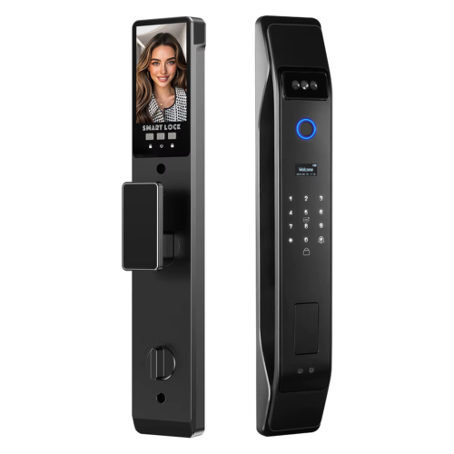 smart door lock featuring 3D face recognition, fingerprint sensor, and built-in camera.