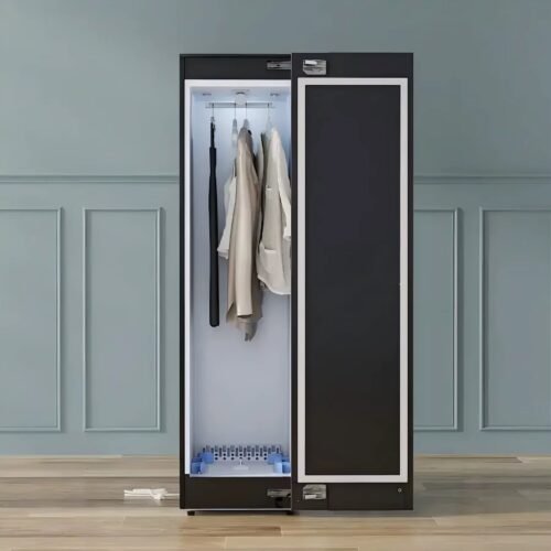 Freestanding smart clothing care wardrobe with digital touch interface.
