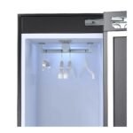 Freestanding smart clothing care wardrobe with digital touch interface.