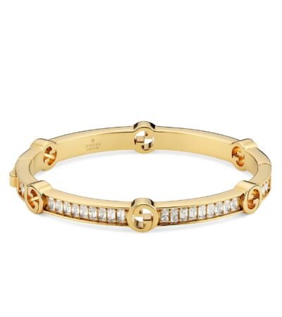 Gucci Blondie Crystal Bangle Bracelet in gold-toned brass with interlocking G logo.