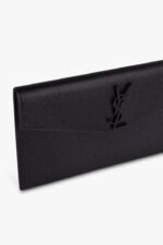 Front view of Saint Laurent Uptown Pouch in black Grain de Poudre leather with YSL logo