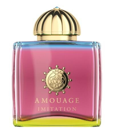 Amouage Imitation Woman perfume bottle with a vibrant neon blue and pink gradient.