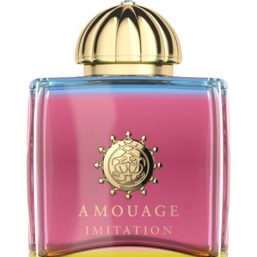 Amouage Imitation Woman perfume bottle with a vibrant neon blue and pink gradient.