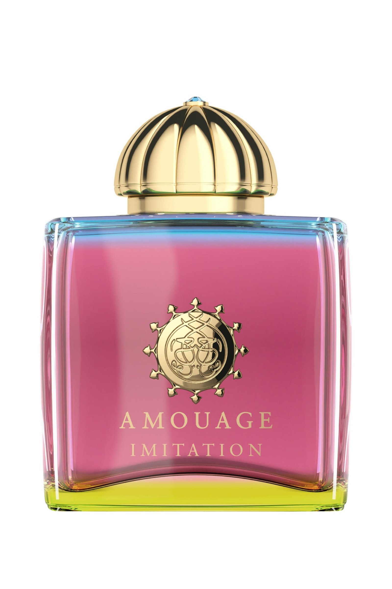 amouage-imitation-woman-eau-de-parfum-flacon Amouage Imitation Woman perfume bottle with a vibrant neon blue and pink gradient.