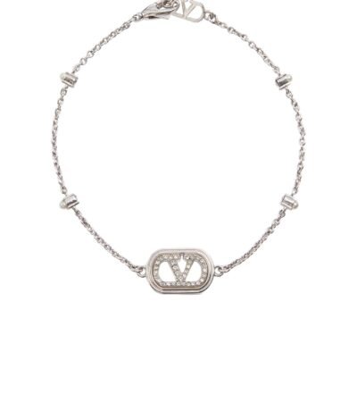 Valentino Garavani VLogo Signature bracelet with pearls and Swarovski crystals in rhodium-tone metal.