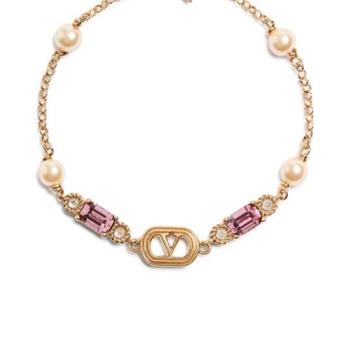 Valentino Garavani Ovalette bracelet in gold-finish metal with pearls and Swarovski crystals.