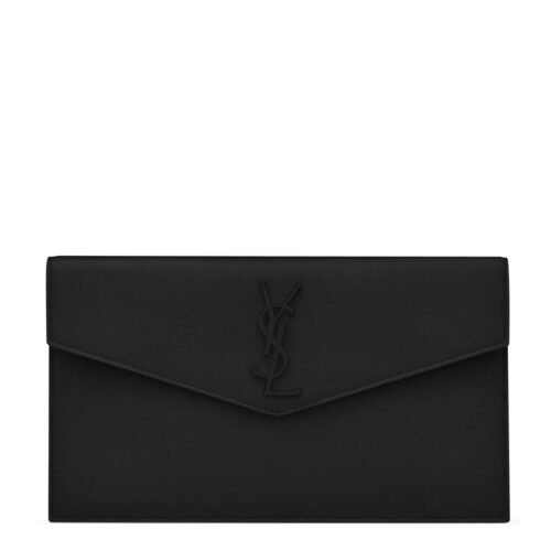 Front view of Saint Laurent Uptown Pouch in black Grain de Poudre leather with YSL logo