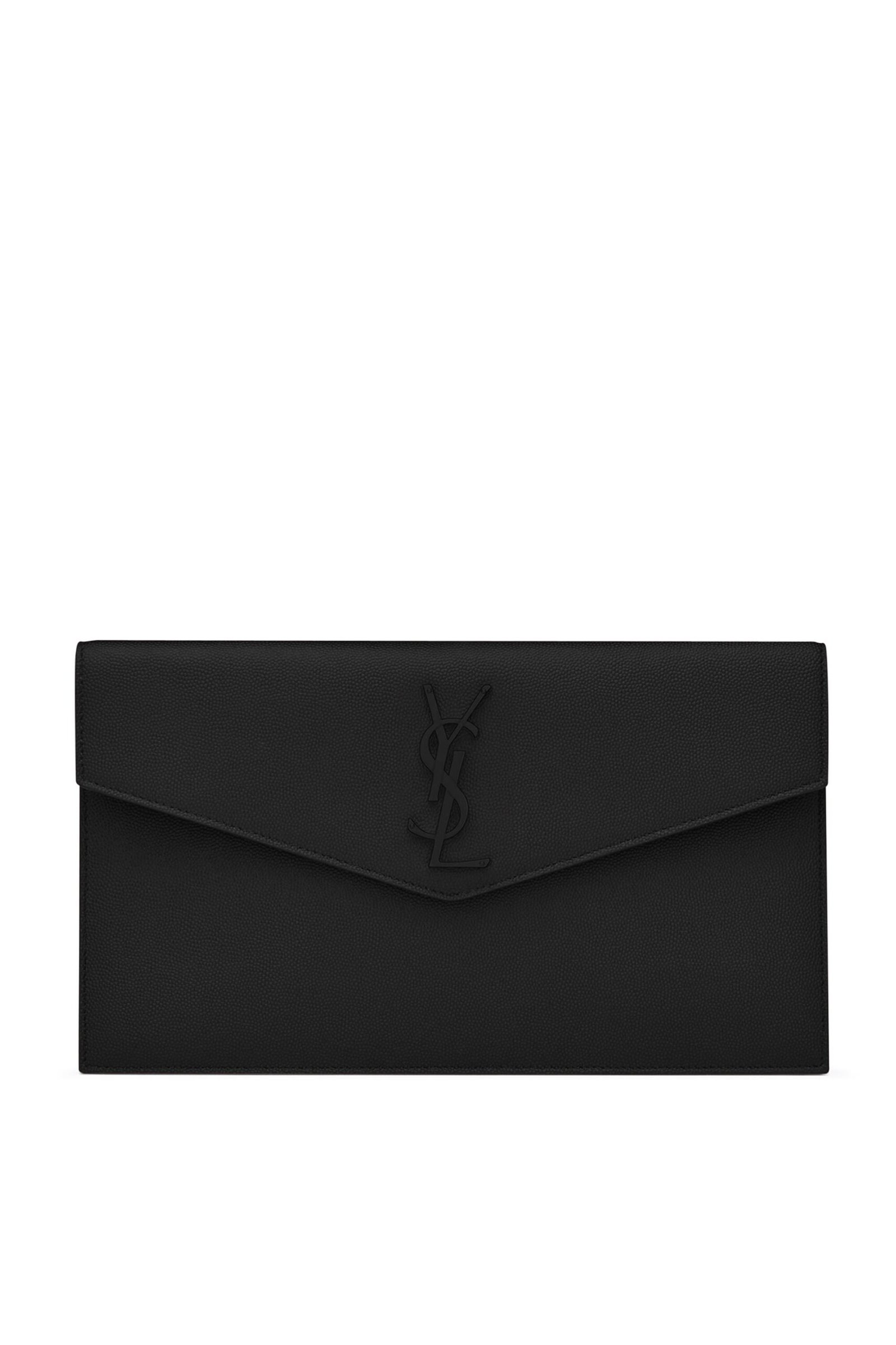 Saint-Laurent-Uptown-Pouch-Grain-de-Poudre-Leather Front view of Saint Laurent Uptown Pouch in black Grain de Poudre leather with YSL logo