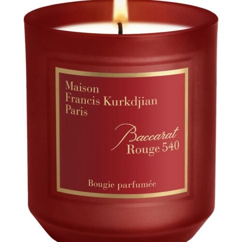 The Maison Francis Kurkdjian Baccarat Rouge 540 candle in an elegant frosted red glass jar.