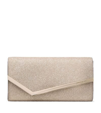 Jimmy Choo Emmie clutch in premium leather with signature hardware and chain