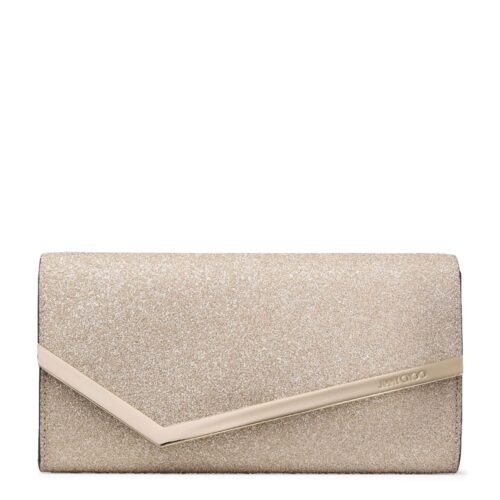 Jimmy Choo Emmie clutch in premium leather with signature hardware and chain