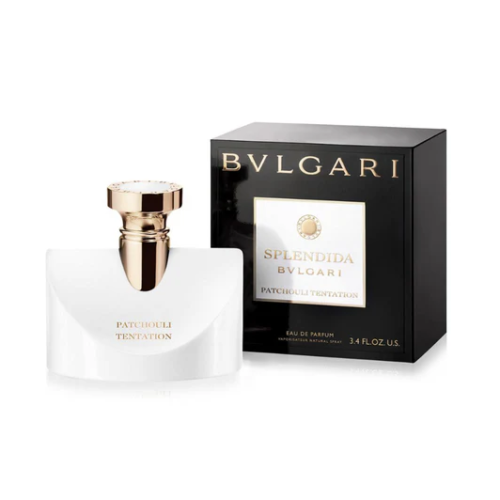 Elegant white bottle of Bvlgari Splendida Patchouli Tentation Eau de Parfum