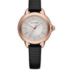 A close-up of Emporio Armani Mia 32mm watch with leather strap and stainless steel case