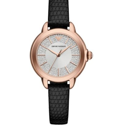 A close-up of Emporio Armani Mia 32mm watch with leather strap and stainless steel case