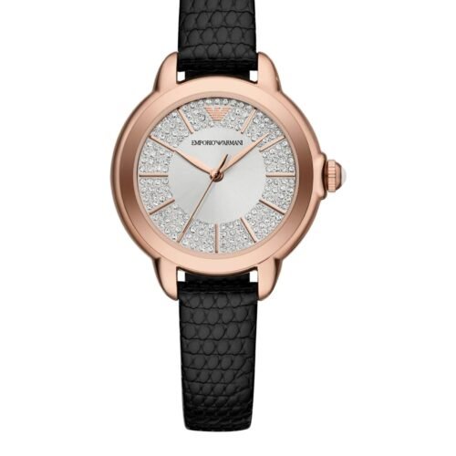 A close-up of Emporio Armani Mia 32mm watch with leather strap and stainless steel case