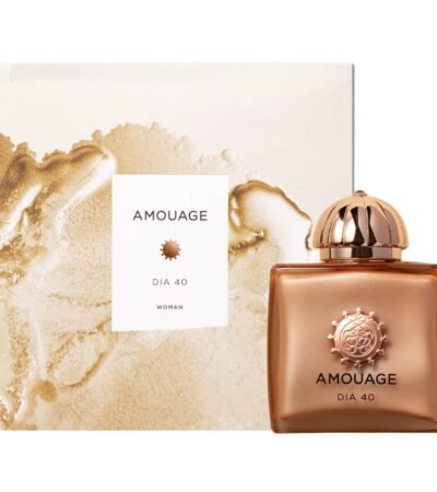 Elegant glass bottle of Amouage Dia Woman Eau de Parfum with a rose-gold cap.