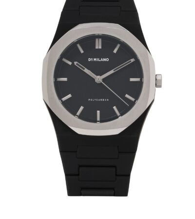D1 Milano Polycarbon Moonglade watch with a black soft-touch case and silver steel bezel.