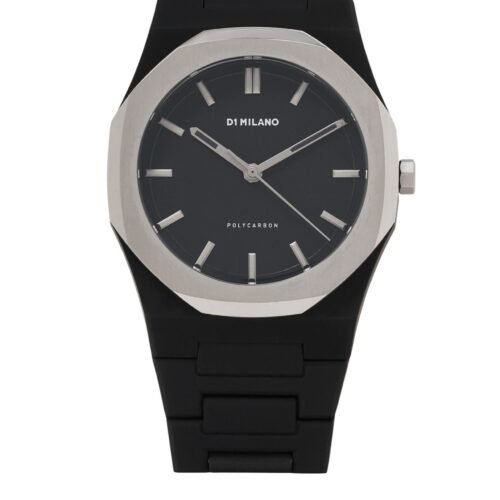 D1 Milano Polycarbon Moonglade watch with a black soft-touch case and silver steel bezel.