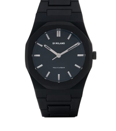 D1 Milano Polycarbon 40mm Moonglade watch with black strap and silver bezel.