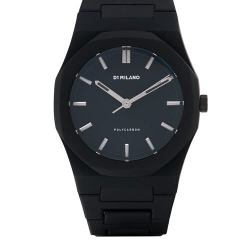 D1 Milano Polycarbon 40mm Moonglade watch with black strap and silver bezel.